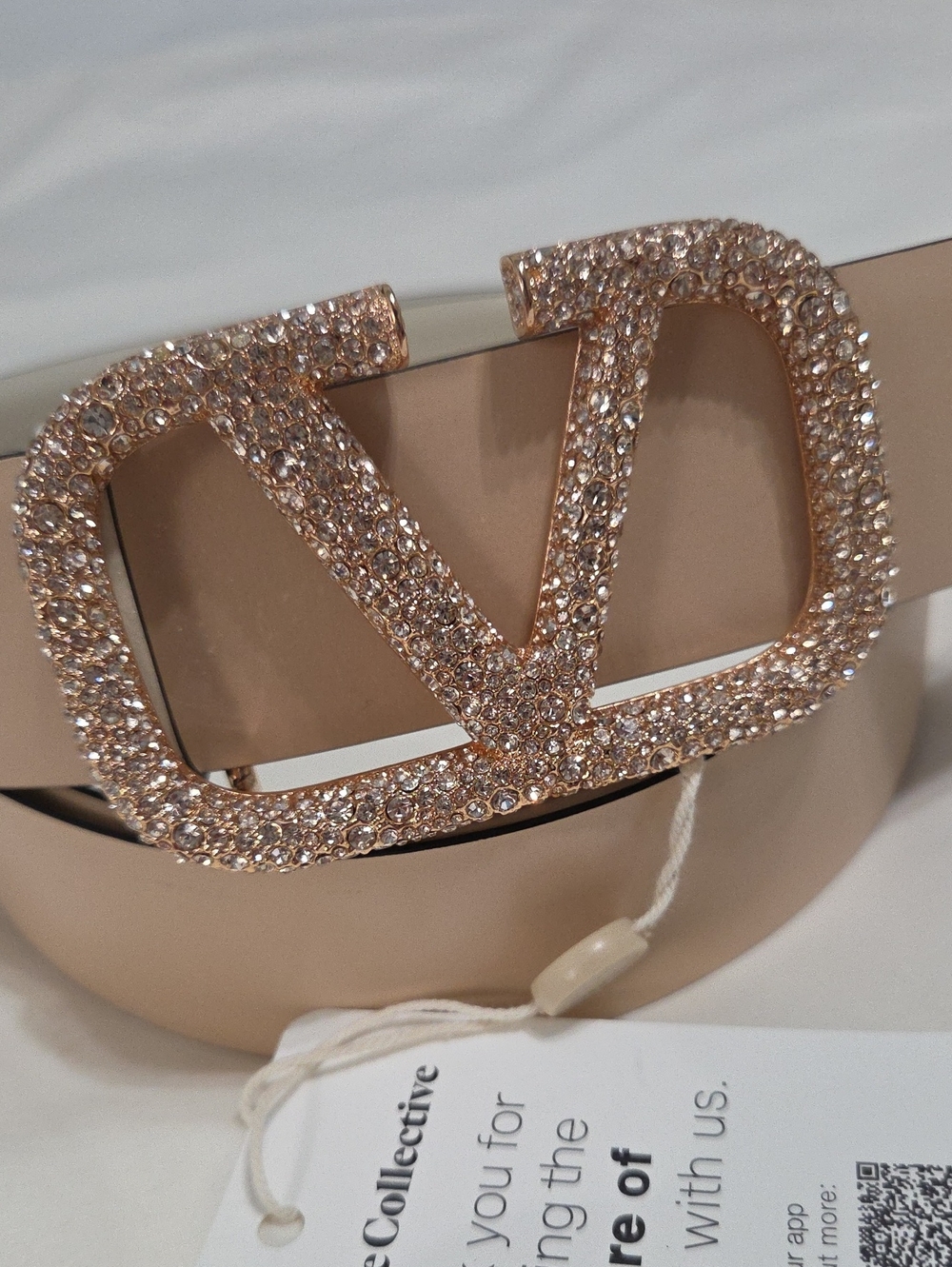 Valentino Garavani Cream White Belt with Rose Gold Sparkle Buckle